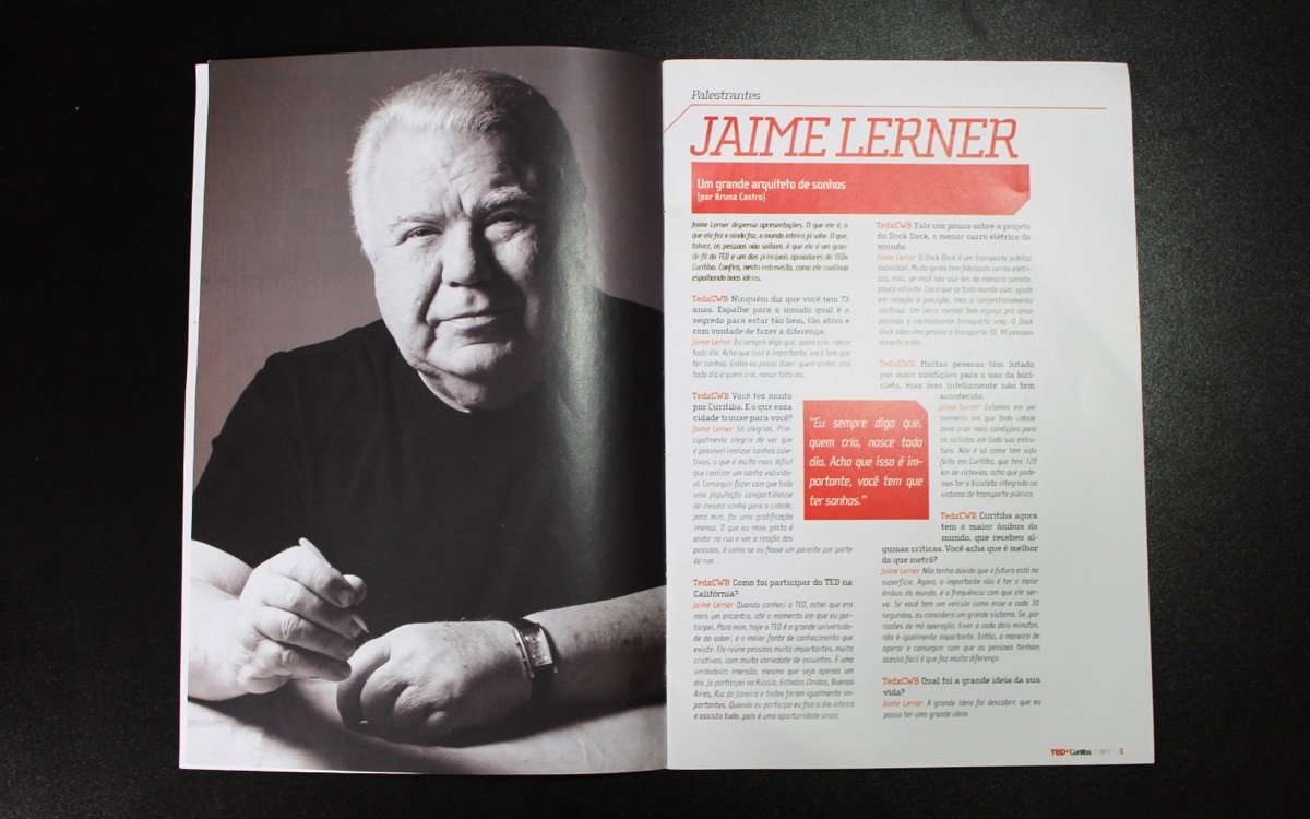 TEDxCuritiba magazine spread with a portrait of Jaime Lerner.
