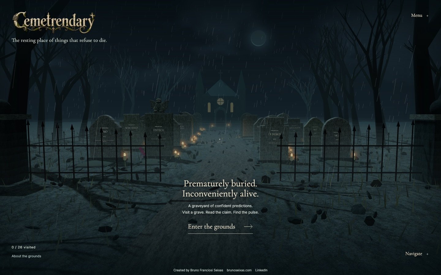 The Cemetrendary gates at night, the 3D cemetery seen from the entrance