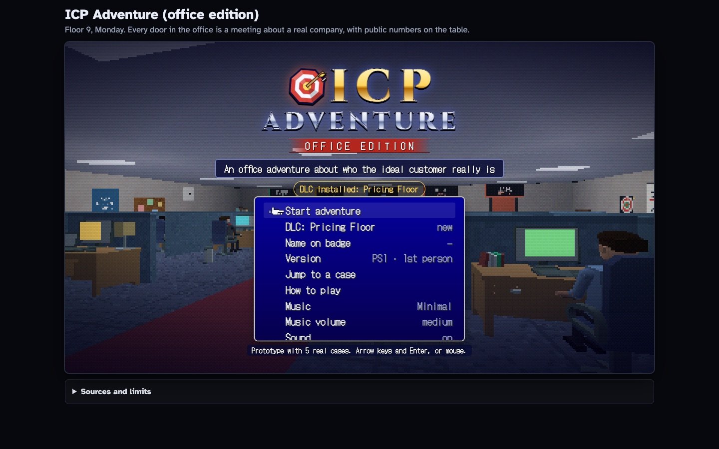 The ICP Adventure title screen, an office in PS1-style graphics
